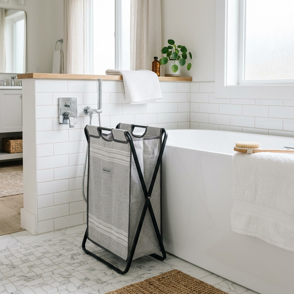Cesto de ropa plegable en baño moderno blanco junto a bañera