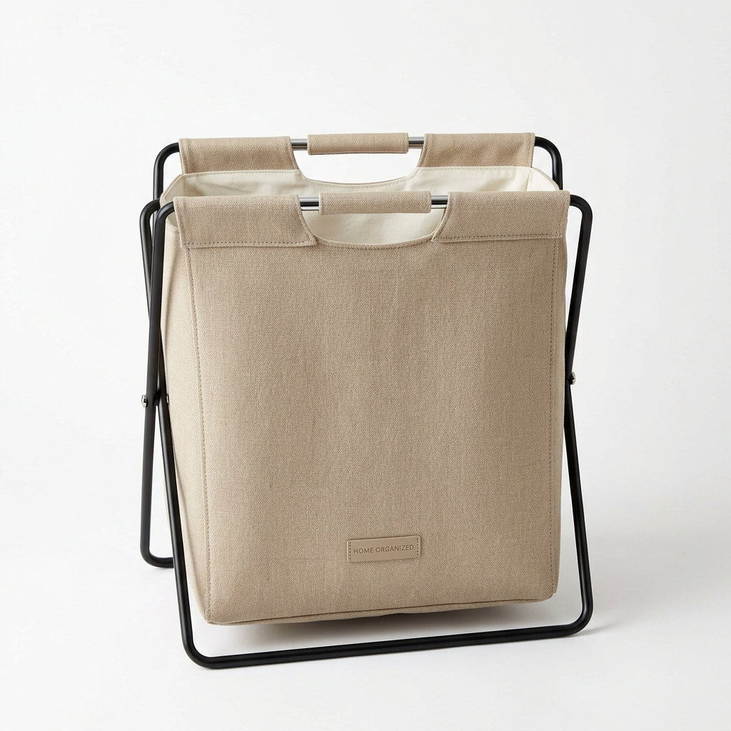 Cesto de ropa plegable con estructura metálica en color beige