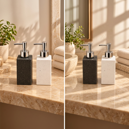 Dispensador de jabón cuadrado negro y blanco con textura moteada