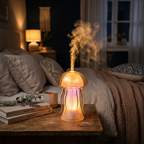 Difusor medusa con niebla dorada en dormitorio acogedor